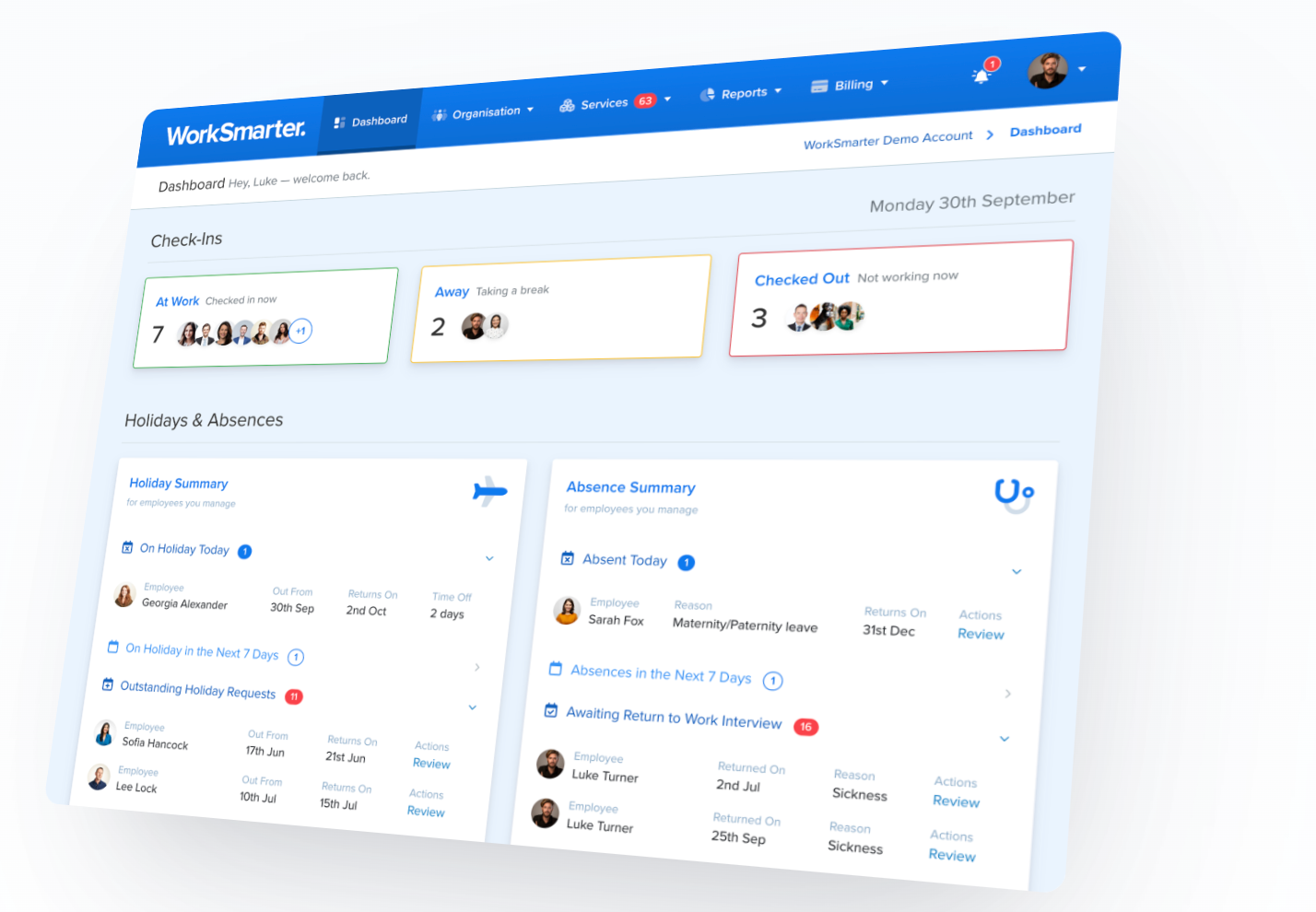 WorkSmarter dashboard showing check-ins, holidays and absences